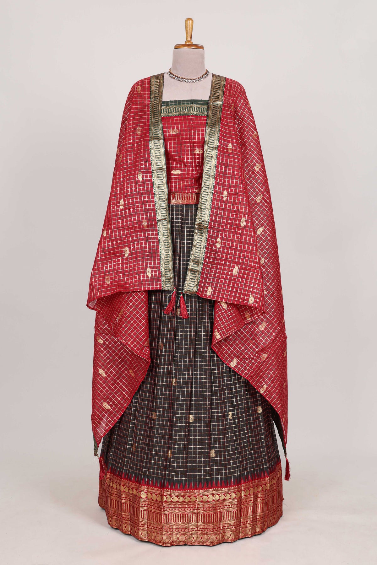 Dark Brown and Red Chettinad Art Cotton Half Saree with Gold Zari Checks Traditional Border and Elegant Woven Detailing Shawl with a Waist Belt