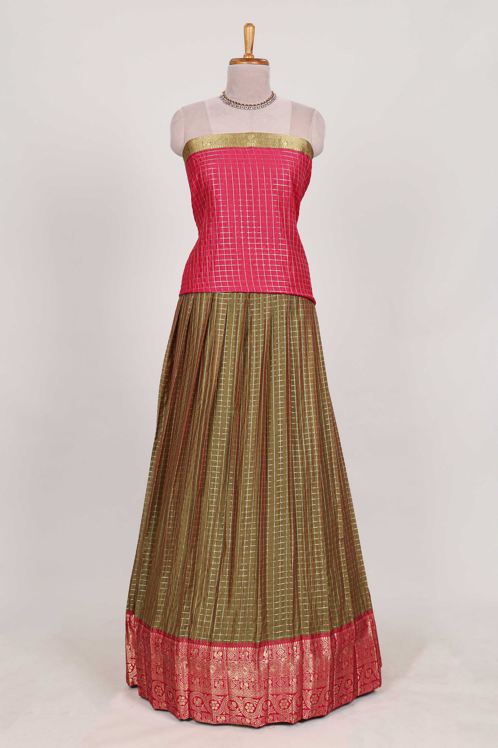Olive green Chettinad Art Cotton Half Saree with Gold Zari Checks Traditional Border and Elegant Woven Detailing Shawl with a Waist Belt