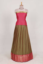 Olive green Chettinad Art Cotton Half Saree with Gold Zari Checks Traditional Border and Elegant Woven Detailing Shawl with a Waist Belt