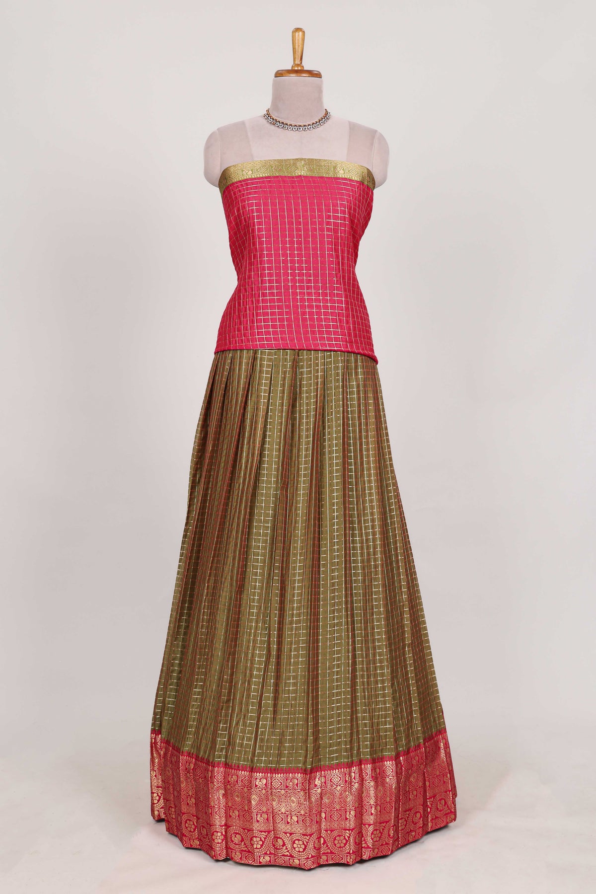 Olive green Chettinad Art Cotton Half Saree with Gold Zari Checks Traditional Border and Elegant Woven Detailing Shawl with a Waist Belt