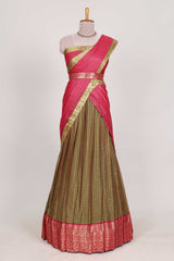 Olive green Chettinad Art Cotton Half Saree with Gold Zari Checks Traditional Border and Elegant Woven Detailing Shawl with a Waist Belt
