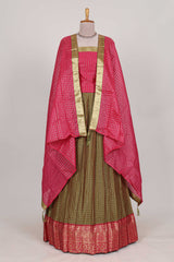 Olive green Chettinad Art Cotton Half Saree with Gold Zari Checks Traditional Border and Elegant Woven Detailing Shawl with a Waist Belt