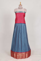 Blue and Pink Chettinad Art Cotton Half Saree with Gold Zari Checks Traditional Border and Elegant Woven Detailing Shawl with a Waist Belt