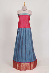 Blue and Pink Chettinad Art Cotton Half Saree with Gold Zari Checks Traditional Border and Elegant Woven Detailing Shawl with a Waist Belt