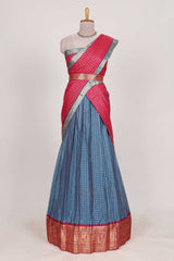 Blue and Pink Chettinad Art Cotton Half Saree with Gold Zari Checks Traditional Border and Elegant Woven Detailing Shawl with a Waist Belt