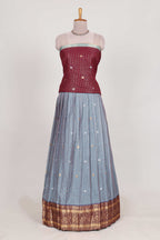 Powder Blue and Maroon Chettinad Art Cotton Half Saree with Gold Zari Checks Traditional Border and Elegant Woven Detailing Shawl with a Waist Belt
