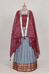 Powder Blue and Maroon Chettinad Art Cotton Half Saree with Gold Zari Checks Traditional Border and Elegant Woven Detailing Shawl with a Waist Belt