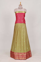Olive and Pink Chettinad Art Cotton Half Saree with Gold Zari Checks Traditional Border and Elegant Woven Detailing Shawl with a Waist Belt