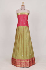 Olive and Pink Chettinad Art Cotton Half Saree with Gold Zari Checks Traditional Border and Elegant Woven Detailing Shawl with a Waist Belt