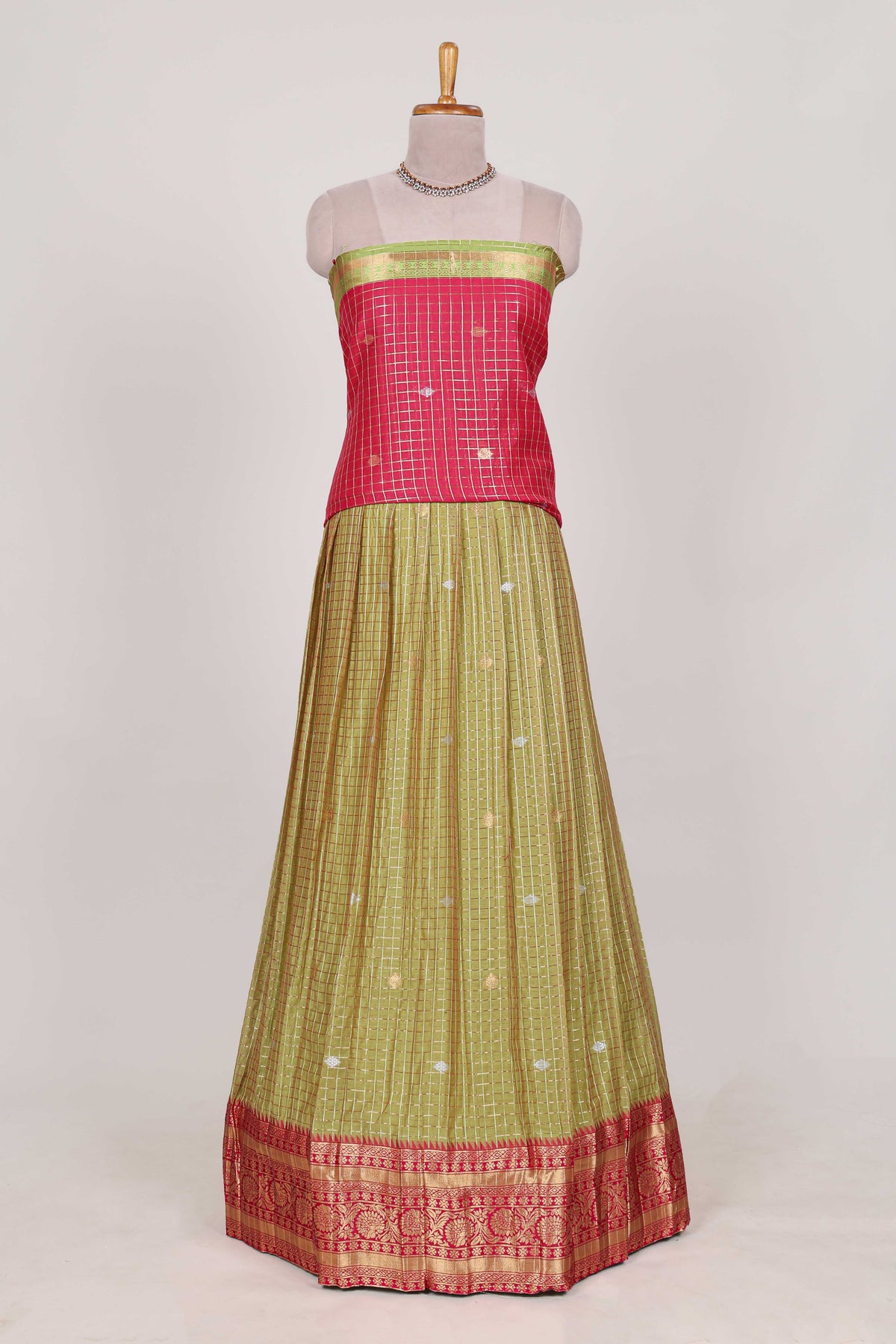 Olive and Pink Chettinad Art Cotton Half Saree with Gold Zari Checks Traditional Border and Elegant Woven Detailing Shawl with a Waist Belt