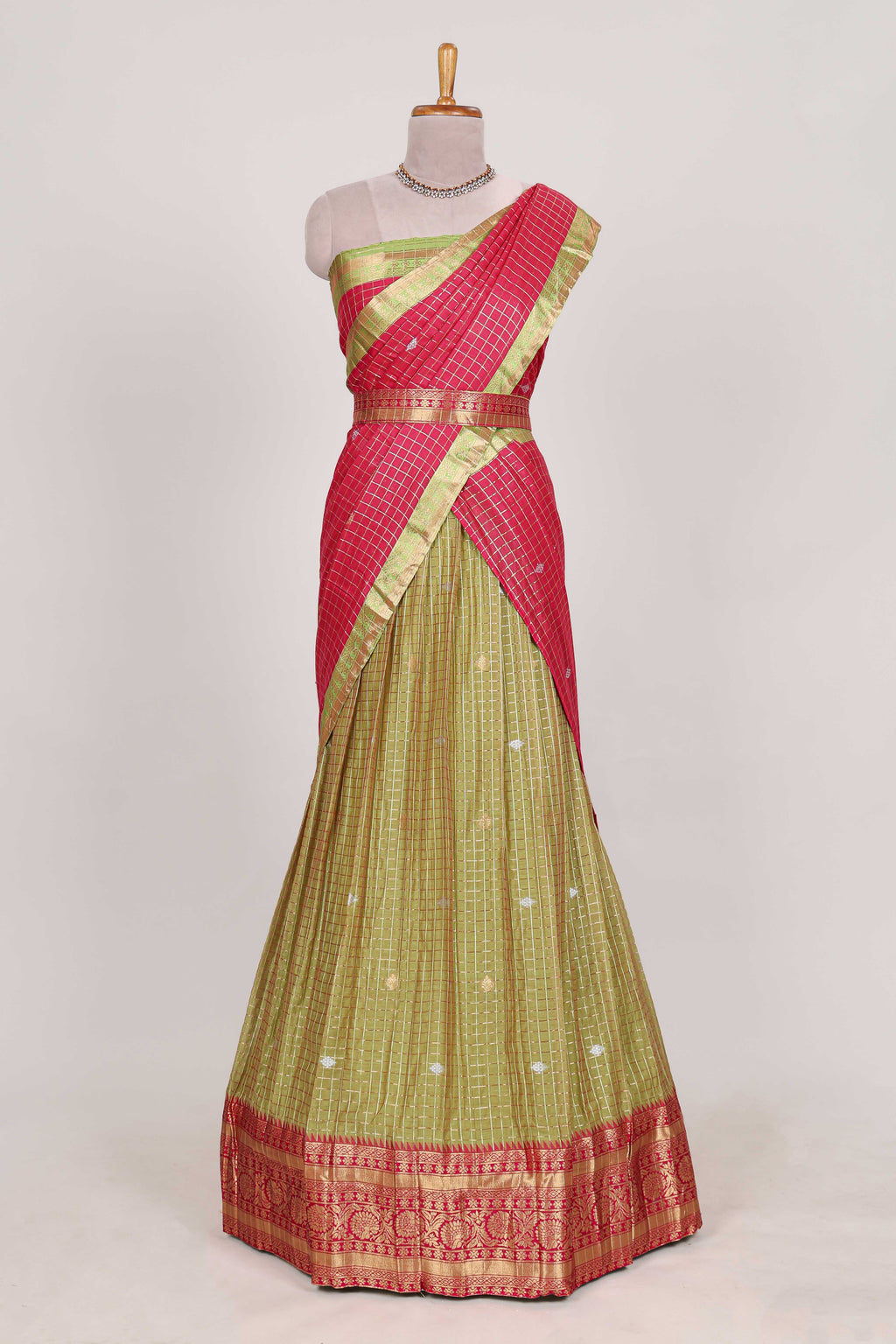 Olive and Pink Chettinad Art Cotton Half Saree with Gold Zari Checks Traditional Border and Elegant Woven Detailing Shawl with a Waist Belt