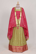 Olive and Pink Chettinad Art Cotton Half Saree with Gold Zari Checks Traditional Border and Elegant Woven Detailing Shawl with a Waist Belt