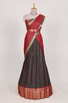 Brown and Red Chettinad Art Cotton Half Saree with Gold Zari Checks Traditional Border and Elegant Woven Detailing Shawl with a Waist Belt
