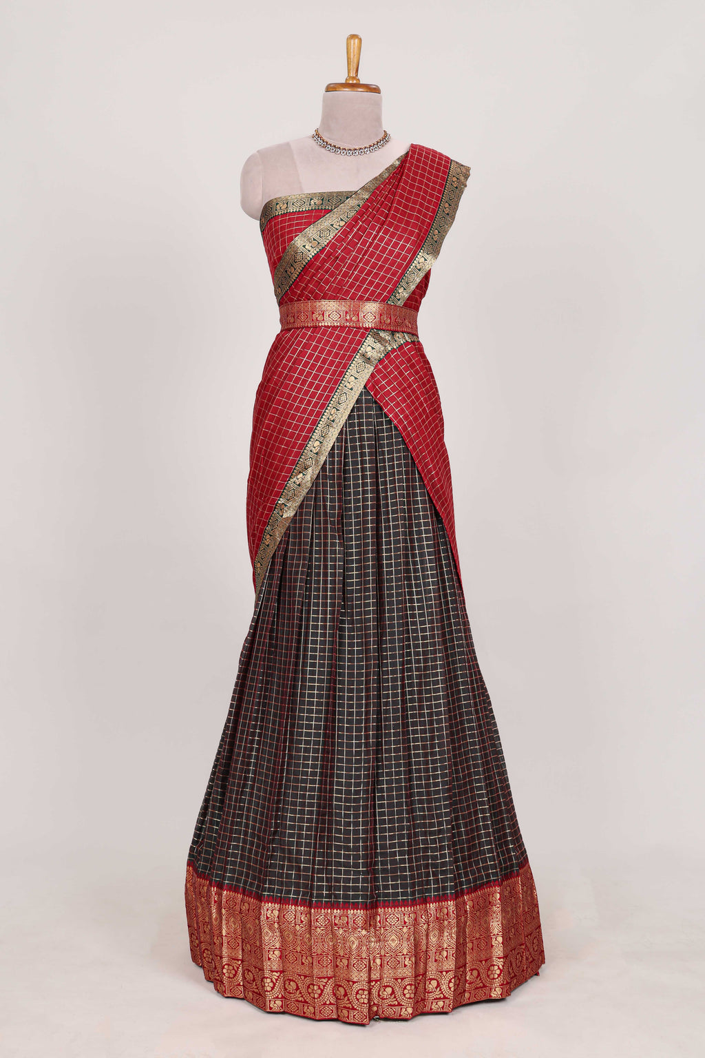 Brown and Red Chettinad Art Cotton Half Saree with Gold Zari Checks Traditional Border and Elegant Woven Detailing Shawl with a Waist Belt