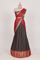 Brown and Red Chettinad Art Cotton Half Saree with Gold Zari Checks Traditional Border and Elegant Woven Detailing Shawl with a Waist Belt