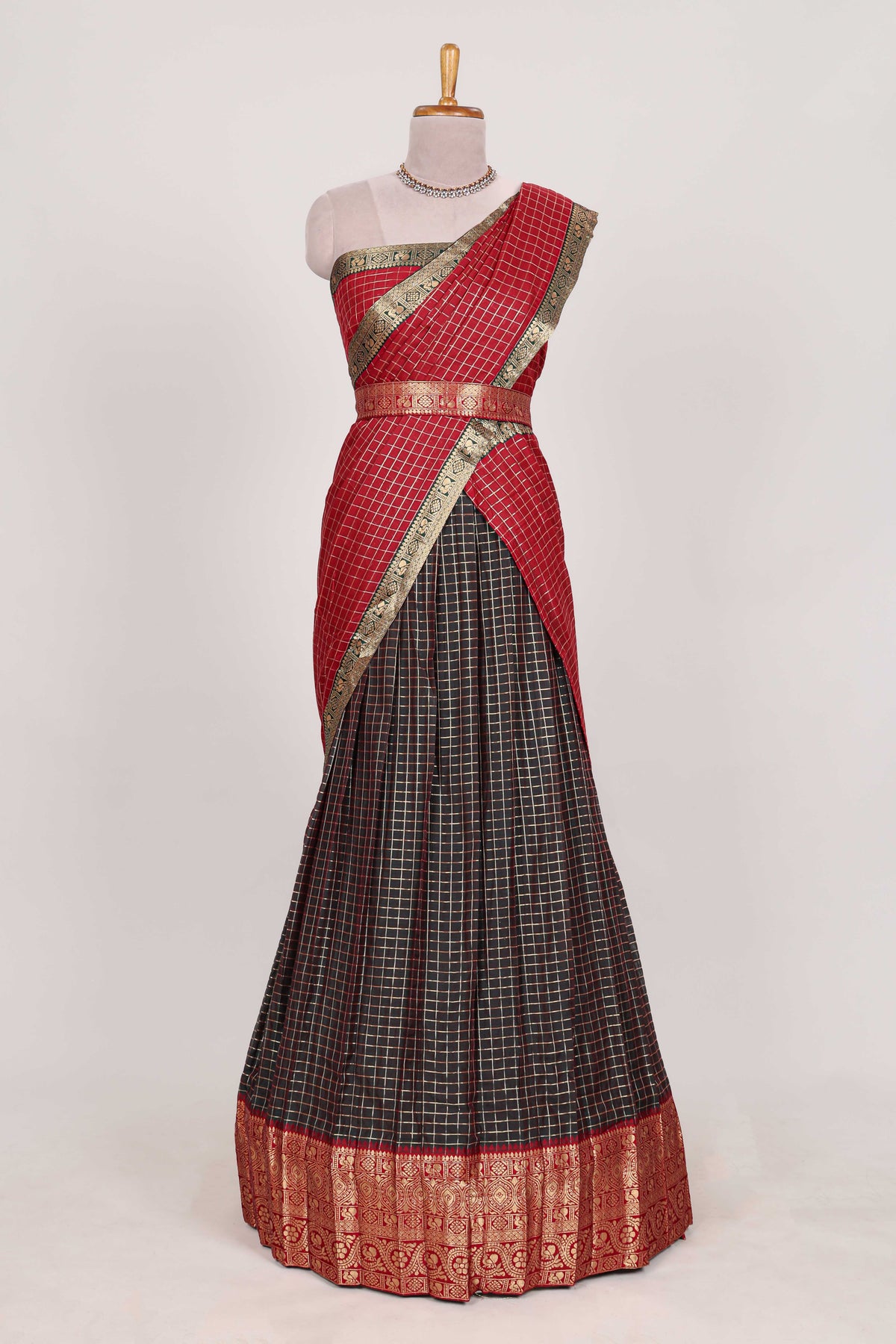 Brown and Red Chettinad Art Cotton Half Saree with Gold Zari Checks Traditional Border and Elegant Woven Detailing Shawl with a Waist Belt