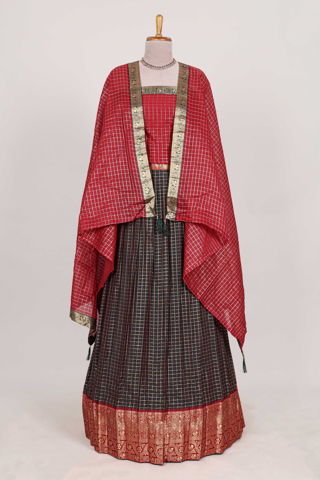 Brown and Red Chettinad Art Cotton Half Saree with Gold Zari Checks Traditional Border and Elegant Woven Detailing Shawl with a Waist Belt