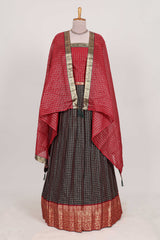 Brown and Red Chettinad Art Cotton Half Saree with Gold Zari Checks Traditional Border and Elegant Woven Detailing Shawl with a Waist Belt