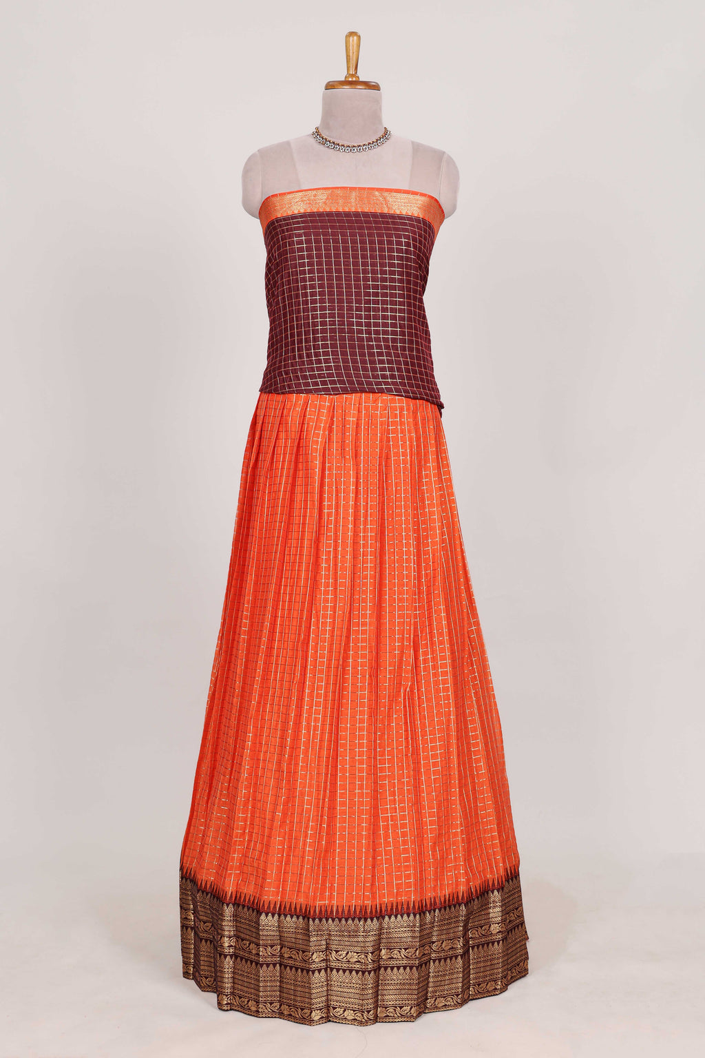Orange and Brown Chettinad Art Cotton Half Saree with Gold Zari Checks Traditional Border and Elegant Woven Detailing Shawl with a Waist Belt