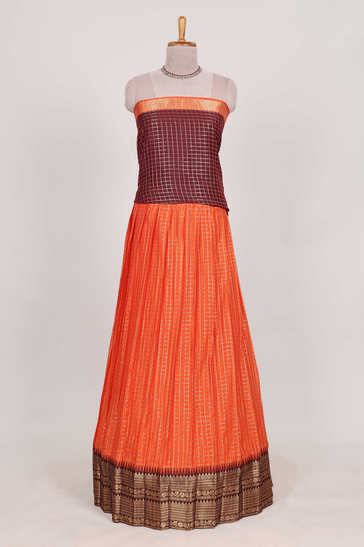 Orange and Brown Chettinad Art Cotton Half Saree with Gold Zari Checks Traditional Border and Elegant Woven Detailing Shawl with a Waist Belt