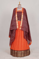 Orange and Brown Chettinad Art Cotton Half Saree with Gold Zari Checks Traditional Border and Elegant Woven Detailing Shawl with a Waist Belt