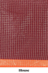 Orange and Brown Chettinad Art Cotton Half Saree with Gold Zari Checks Traditional Border and Elegant Woven Detailing Shawl with a Waist Belt