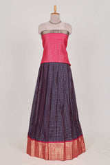 Pink and Violet Chettinad Art Cotton Half Saree with Gold Zari Checks Traditional Border and Elegant Woven Detailing Shawl with a Waist Belt