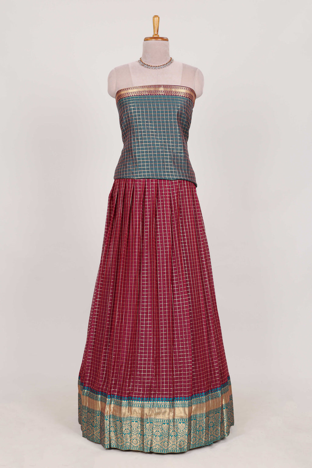 Maroon and Grey Chettinad Art Cotton Half Saree with Gold Zari Checks Traditional Border and Elegant Woven Detailing Shawl with a Waist Belt