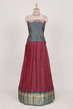 Maroon and Grey Chettinad Art Cotton Half Saree with Gold Zari Checks Traditional Border and Elegant Woven Detailing Shawl with a Waist Belt