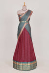 Maroon and Grey Chettinad Art Cotton Half Saree with Gold Zari Checks Traditional Border and Elegant Woven Detailing Shawl with a Waist Belt