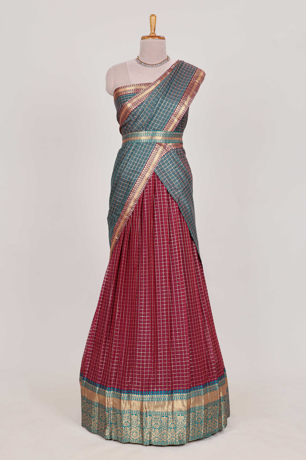 Maroon and Grey Chettinad Art Cotton Half Saree with Gold Zari Checks Traditional Border and Elegant Woven Detailing Shawl with a Waist Belt