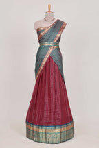 Maroon and Grey Chettinad Art Cotton Half Saree with Gold Zari Checks Traditional Border and Elegant Woven Detailing Shawl with a Waist Belt