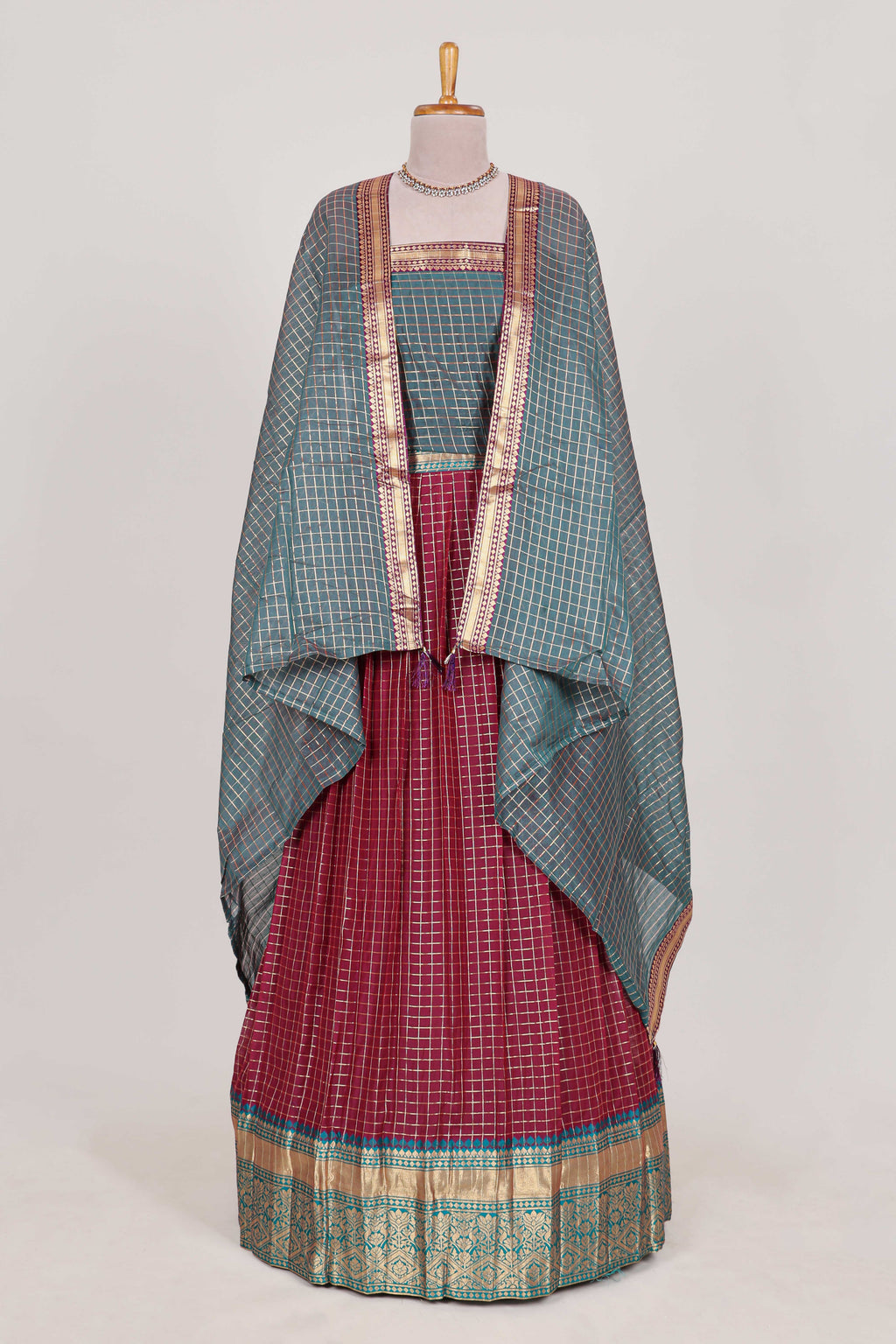 Maroon and Grey Chettinad Art Cotton Half Saree with Gold Zari Checks Traditional Border and Elegant Woven Detailing Shawl with a Waist Belt