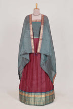 Maroon and Grey Chettinad Art Cotton Half Saree with Gold Zari Checks Traditional Border and Elegant Woven Detailing Shawl with a Waist Belt