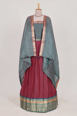 Maroon and Grey Chettinad Art Cotton Half Saree with Gold Zari Checks Traditional Border and Elegant Woven Detailing Shawl with a Waist Belt