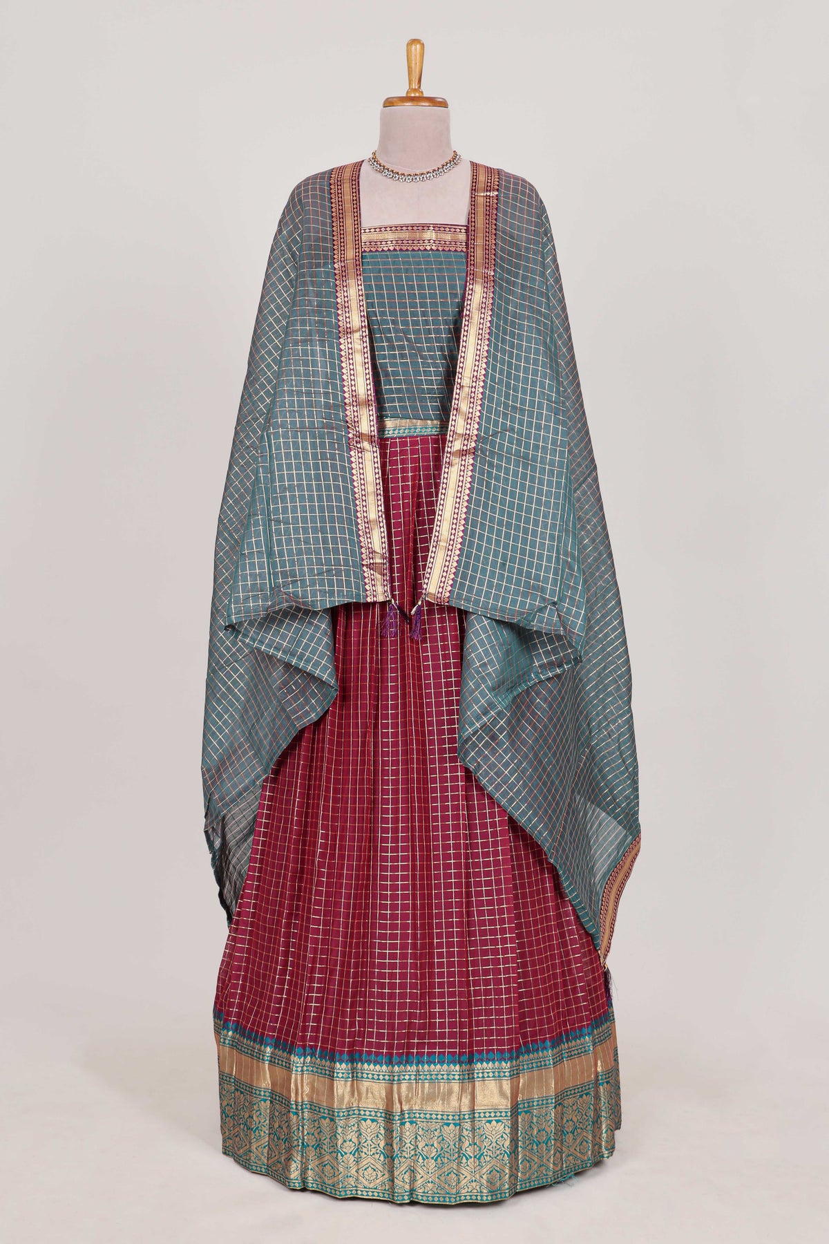 Maroon and Grey Chettinad Art Cotton Half Saree with Gold Zari Checks Traditional Border and Elegant Woven Detailing Shawl with a Waist Belt