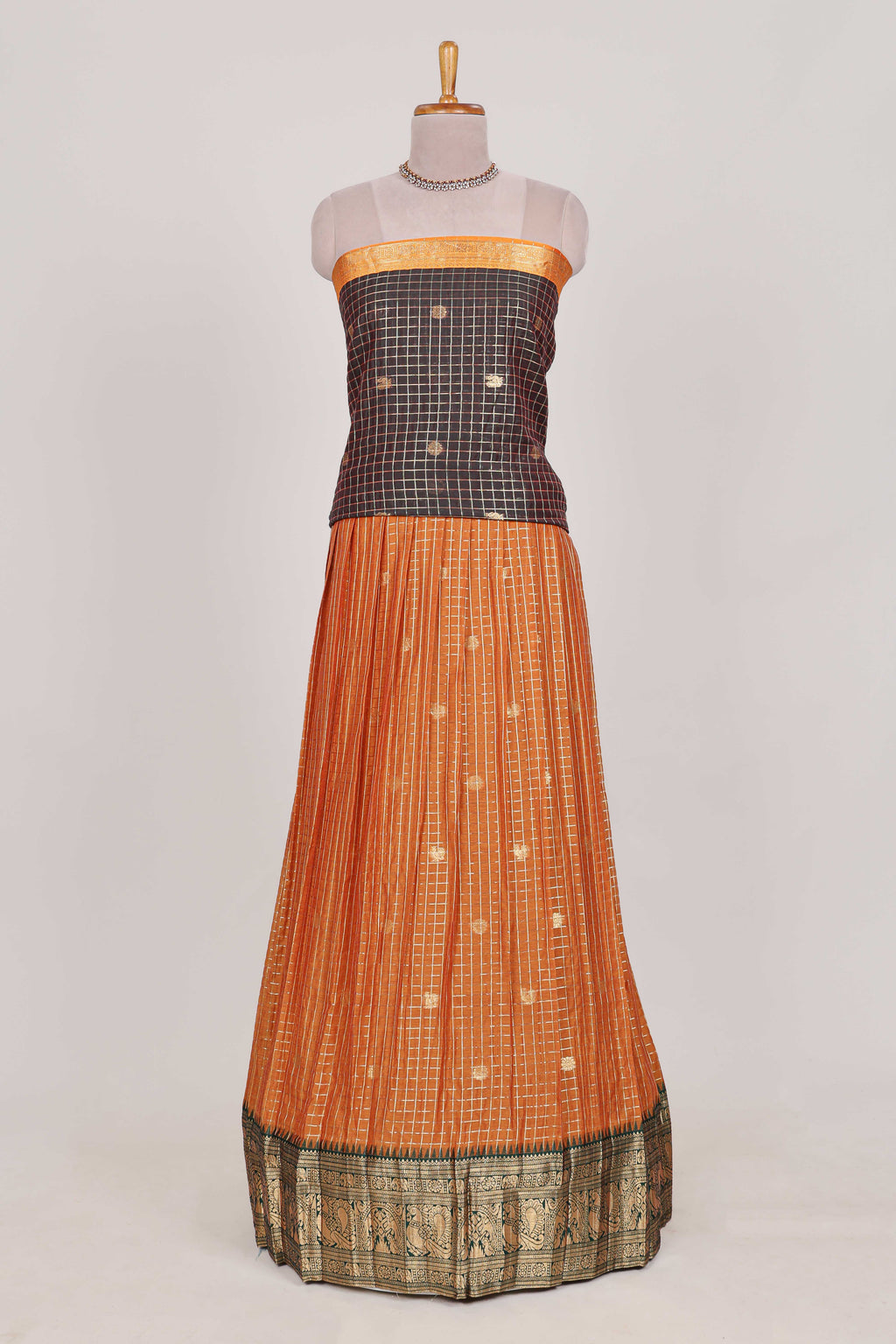 Brown and Orange Chettinad Art Cotton Half Saree with Gold Zari Checks Traditional Border and Elegant Woven Detailing Shawl with a Waist Belt