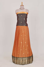 Brown and Orange Chettinad Art Cotton Half Saree with Gold Zari Checks Traditional Border and Elegant Woven Detailing Shawl with a Waist Belt
