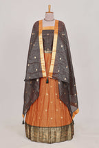Brown and Orange Chettinad Art Cotton Half Saree with Gold Zari Checks Traditional Border and Elegant Woven Detailing Shawl with a Waist Belt