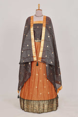 Brown and Orange Chettinad Art Cotton Half Saree with Gold Zari Checks Traditional Border and Elegant Woven Detailing Shawl with a Waist Belt