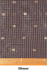 Brown and Orange Chettinad Art Cotton Half Saree with Gold Zari Checks Traditional Border and Elegant Woven Detailing Shawl with a Waist Belt