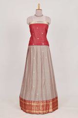 Beige and Red Chettinad Art Cotton Half Saree with Gold Zari Checks Traditional Border and Elegant Woven Detailing Shawl with a Waist Belt