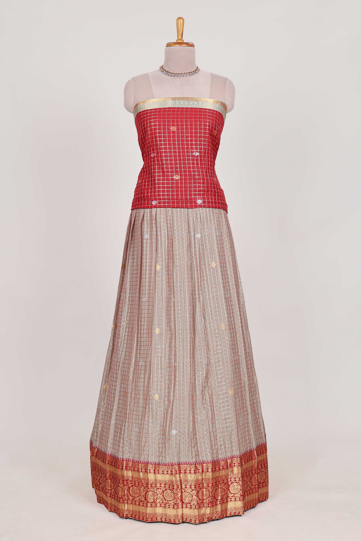 Beige and Red Chettinad Art Cotton Half Saree with Gold Zari Checks Traditional Border and Elegant Woven Detailing Shawl with a Waist Belt