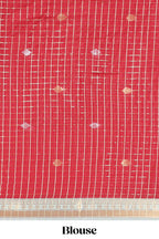 Beige and Red Chettinad Art Cotton Half Saree with Gold Zari Checks Traditional Border and Elegant Woven Detailing Shawl with a Waist Belt