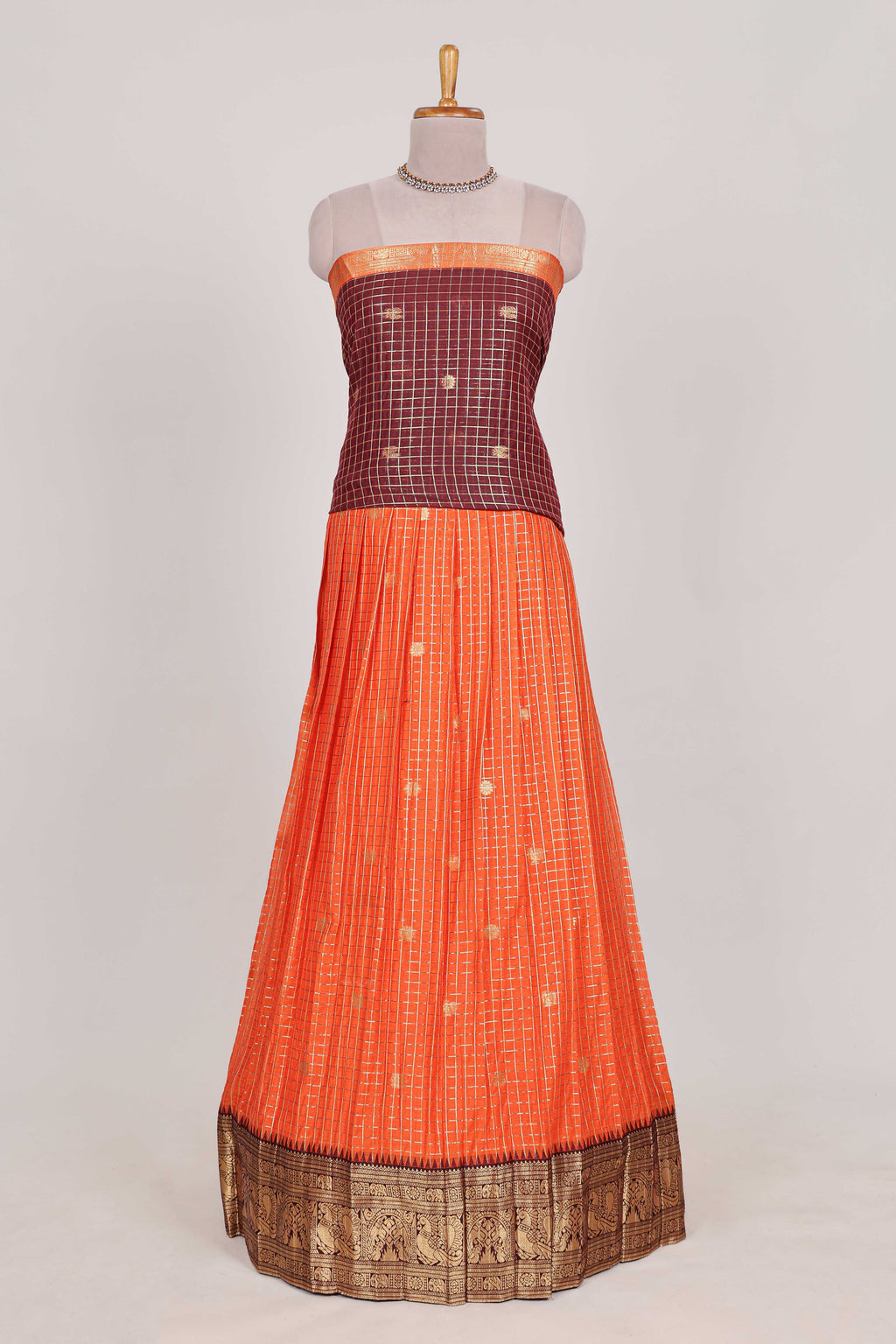 Orange and Brown Chettinad Art Cotton Half Saree with Gold Zari Checks And Buttas Traditional Border and Elegant Woven Detailing Shawl