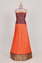Orange and Brown Chettinad Art Cotton Half Saree with Gold Zari Checks And Buttas Traditional Border and Elegant Woven Detailing Shawl