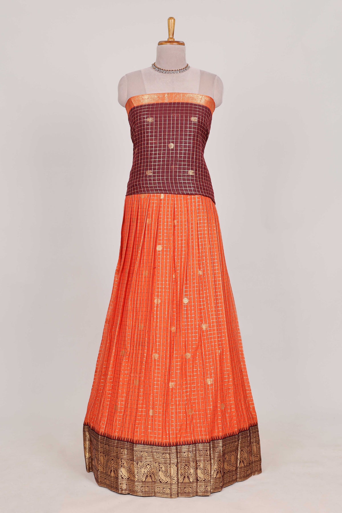 Orange and Brown Chettinad Art Cotton Half Saree with Gold Zari Checks And Buttas Traditional Border and Elegant Woven Detailing Shawl
