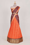 Orange and Brown Chettinad Art Cotton Half Saree with Gold Zari Checks And Buttas Traditional Border and Elegant Woven Detailing Shawl