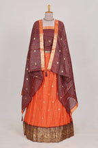 Orange and Brown Chettinad Art Cotton Half Saree with Gold Zari Checks And Buttas Traditional Border and Elegant Woven Detailing Shawl