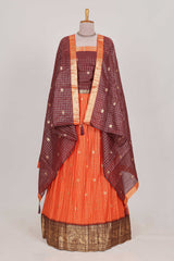 Orange and Brown Chettinad Art Cotton Half Saree with Gold Zari Checks And Buttas Traditional Border and Elegant Woven Detailing Shawl